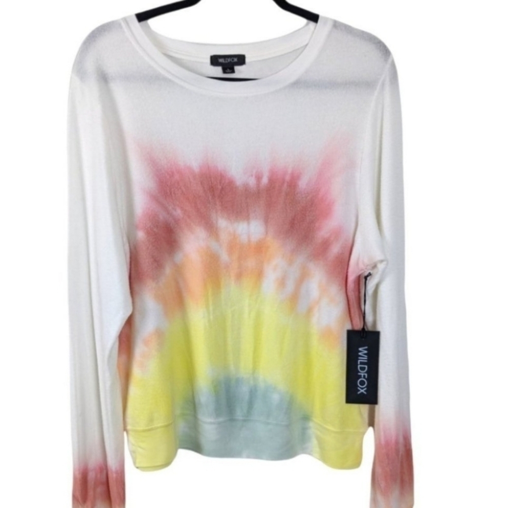 Wildfox  Rainbow TieDye Cozy Long Sleeve Pullover Crewneck Sweatshirt sz Large